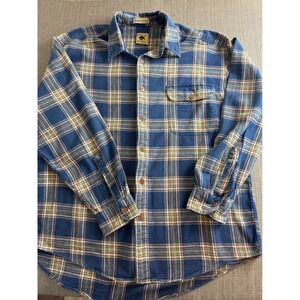 Madison Trader Mens Blue Tan Plaid Washed Cotton Flannel Shirt Heavyweight XL